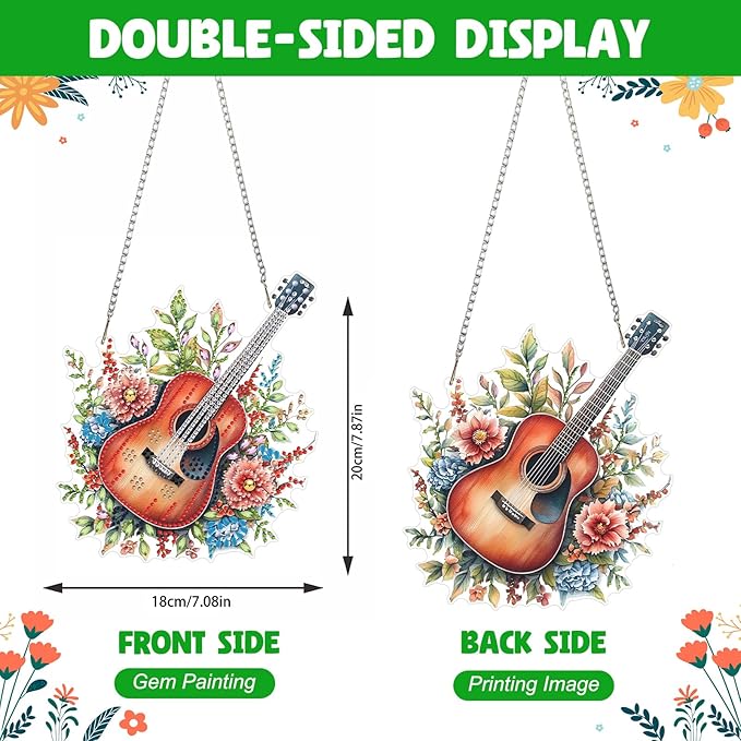 NAIMOER Diamond Art Hanging Kits for Adults Guitar Flowers 5D Special Shaped Rhinestone, DIY Acrylic Diamond Art Painting Window Pendants Home Garden Wall Hanging Ornament Kits, Double Sided