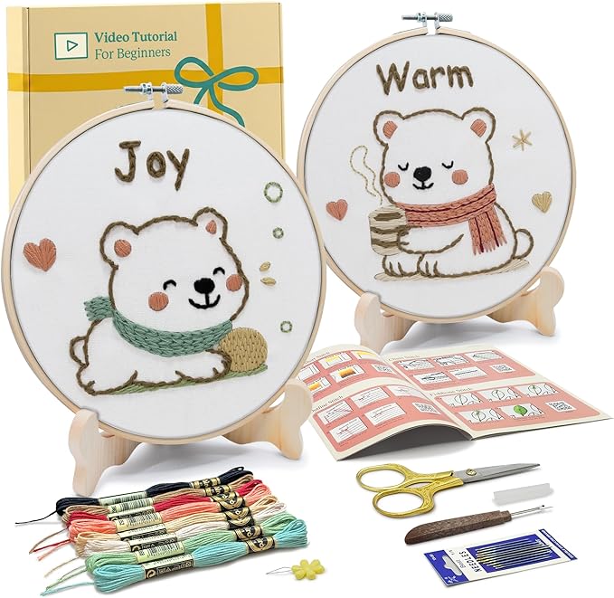 bradove embroidery kit for kids and adults, bears embroidery kit for beginners, easy needlepoint starter kit with 2 display stands