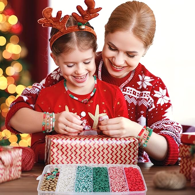 Christmas Clay Beads for Bracelets - 5000 Pcs Christmas Beads, 30 Xmas Charms, 100 Gold Spacer Bead, Red Green Heishi Bead Kit for DIY Christmas-Bracelet Making Kit & Jewelry Crafts