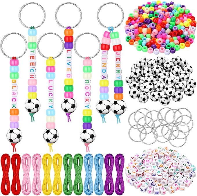 Landical 564 Pcs DIY Bead Keychain Kit Key Chain Making Craft Adjustable Letter Beads String Mama Sport Gift Alphabet Jewelry Backpack Accessories Holiday Party Favor (Soccer,Fun Color)