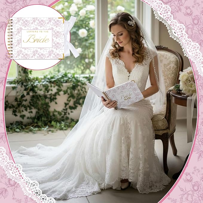 Humyoun Wedding Guest Book Letters to The Bride Scrapbook Wedding Memory Book Bridal DIY Blank Paper Scrapbook Photo Album Guest Sign with Pearl Stickers(8.5 x 7 Inch,Floral,Pink)