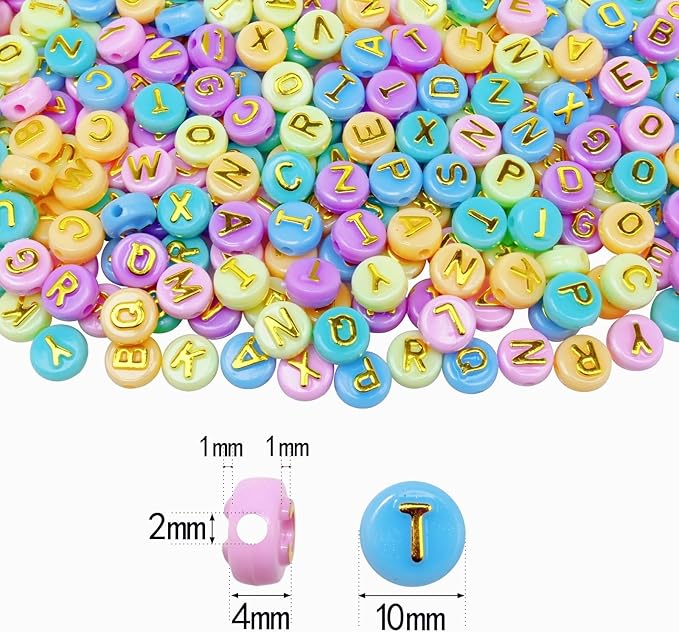 Amaney 500pcs Big Letter Beads Colorful Macaroon10x6mm Gold Letter Round Flat Beads for DIY Bracelet Making