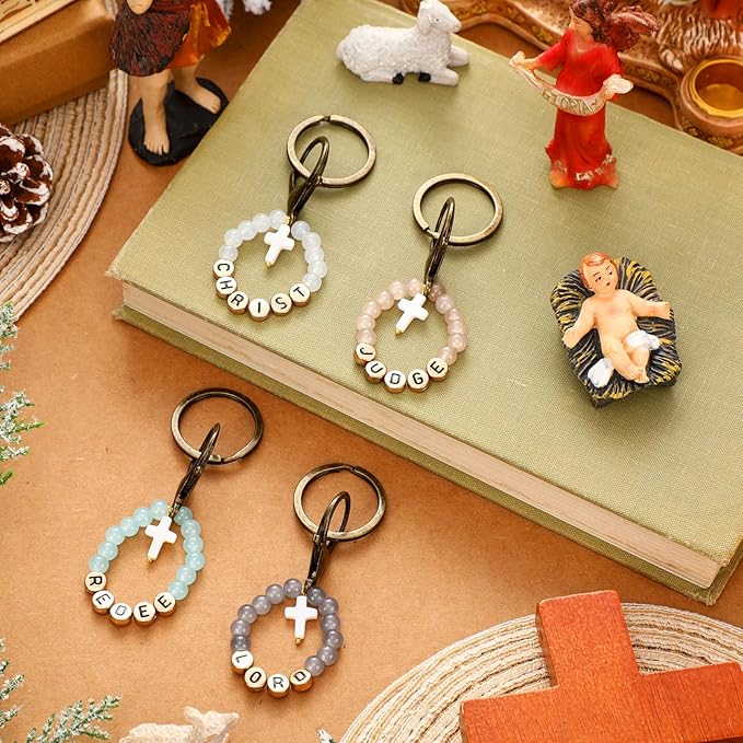 Ferreve 448pcs Easter Christian Keychain Making Kit Cross Beads Keychain Making Craft Religious DIY Cross Beads and Charms for Easter Teacher Appreciation Gifts Church Activities