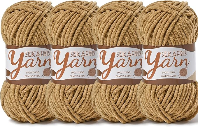 4 Pack Fluffy Velvet Yarn for Crocheting，Baby Blanket Yarn for Crocheting Soft，200g(262.4yds) Amigurumi Yarns，Plush Chenille Crochet Yarns，Puzzle Yarn for Crochet Weaving Craft(4 Light Coffee)
