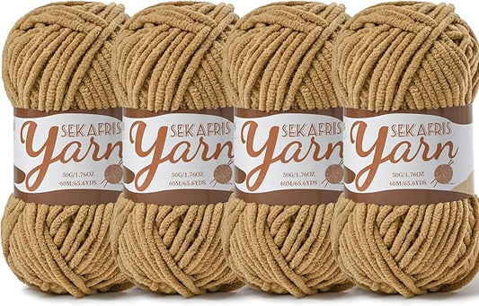 4 Pack Fluffy Velvet Yarn for Crocheting，Baby Blanket Yarn for Crocheting Soft，200g(262.4yds) Amigurumi Yarns，Plush Chenille Crochet Yarns，Puzzle Yarn for Crochet Weaving Craft(4 Light Coffee)