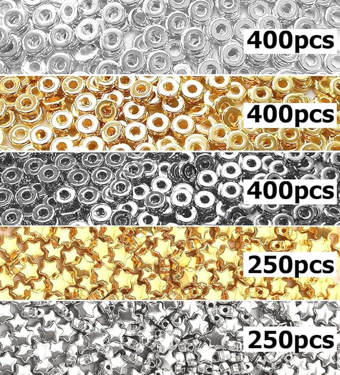 6mm Flat Round Spacer Beads, Clay Beads for Bracelets Making Kit, Heishi Polymer Flat Disc Spacer Beads for Jewelry Making, Clay Beads for Jewelry Making Gold Beads Silver (1700pcs（500star）)