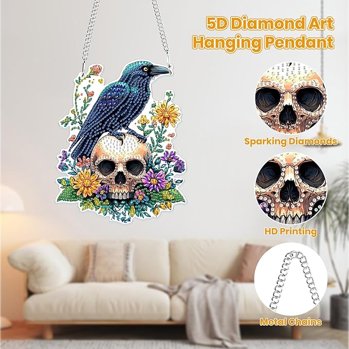 MOGTAA Halloween Diamond Art Hanging Pendant Kits, Skull Diamond Art Suncatchers for Adults, 5D Special Shape Diamond Painting Bird Flowers Gem Art for Home Garden Wall Decor