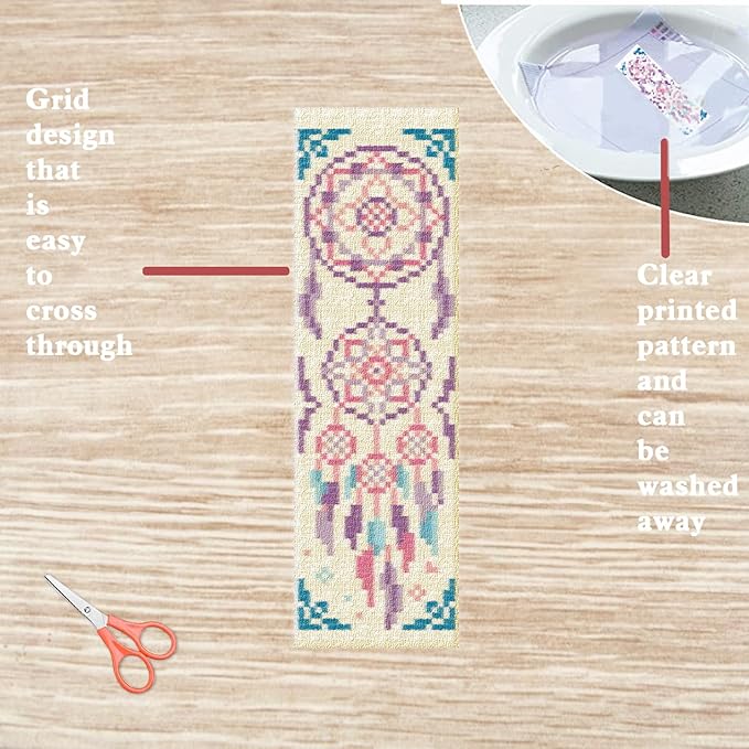 FREEBLOSS 6 Set Cross Stitch Bookmark Kits Dreamcatcher Pattern Stamped Embroidery Kit Stitch Bookmarks DIY Book Marks Printed Cross Stitch Kits with Instructions for Beginners Adults 8''x2.4''