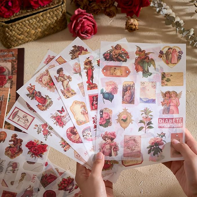 Rose Stickers for Scrapbooking Supplies, 550+ Vintage Stickers for Junk Journal Pre-Cut Ephemera Sticker Book for Adults Aesthetic Flower Lable Washi Sticker for Journaling DIY Arts Crafts