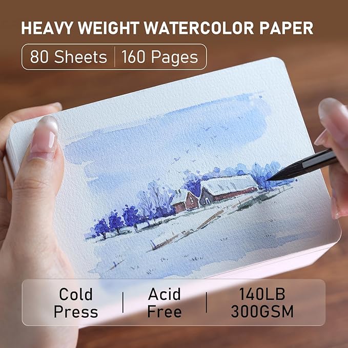 FLUNBRATO Watercolor Paper Pad 80 Sheets, 4.7 x 4.7 Inch, 100% Cotton Cold Press Acid Free 140LB 300GSM,Glue Binding, Tearable Water Color Block Mixed Media for Practicing Watercolor,Painting Drawing