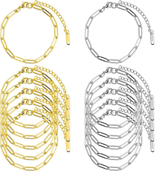 Starry 12 PCS Charm Bracelet Kit 18K Gold Plated Charm Bracelet Making Kit 6.3Inch Paperclip Chains Bracelets with Lobster Clasps Extender Chain DIY Adjustable for Jewelry Making (Gold & Silver)