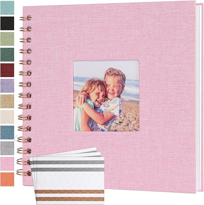 Scrapbook Photo Album 8x8 Inches 40 Pages Hardcover Kraft Paper Linen Cover Scrap Book Memory Book DIY Scrapbook Albums for Wedding Baby Boyfriend Travel Anniversary Family, Pink