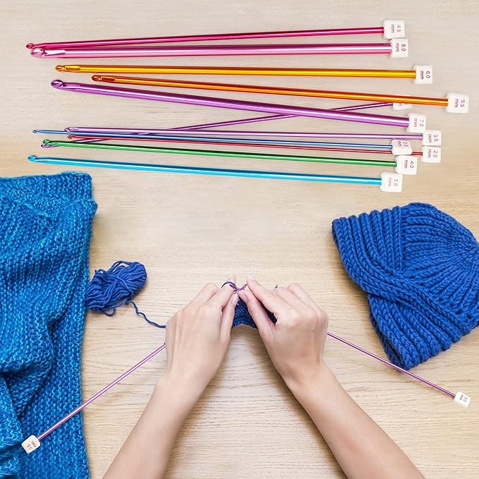 23 Pieces Tunisian Crochet Hooks Set, AHIER 12PCS Crochet Hooks 3-10mm and 11PCS Tunisian Afghan Aluminum Knitting Needles Set 2-8mm (Assorted Color) (Colorful)