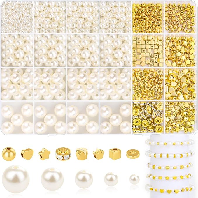 Audab Pearl Beads for Bracelet Making, 970 Pieces Pearl and Gold Spacer Beads for Jewelry Making