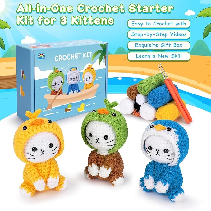 Crochet Kit for Beginners, 3 Pack Duck Cat Crochet Kits with Step-by-Step Video Tutorials, Beginner Crochet Kit for Adults, Crochet Animal Kit for Starters, DIY Craft Gift for Cat Lover