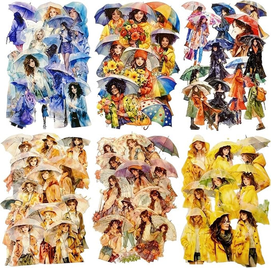 TIAMECH Walk in Rain PET Stickers - 90 Pcs Rainy Girl & Raincoat Umbrella Design, Waterproof Sticker for Journaling & Scrapbooking, Junk Journal Supplies, Ephemera & DIY Crafts
