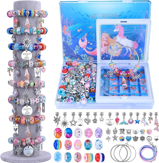 aipridy charm bracelet making kit,unicorn mermaid crafts gifts set can inspires imagination and creativity,jewelry making kit perfect gifts for girls 5-12 years old(72 pieces mermaid aqua)