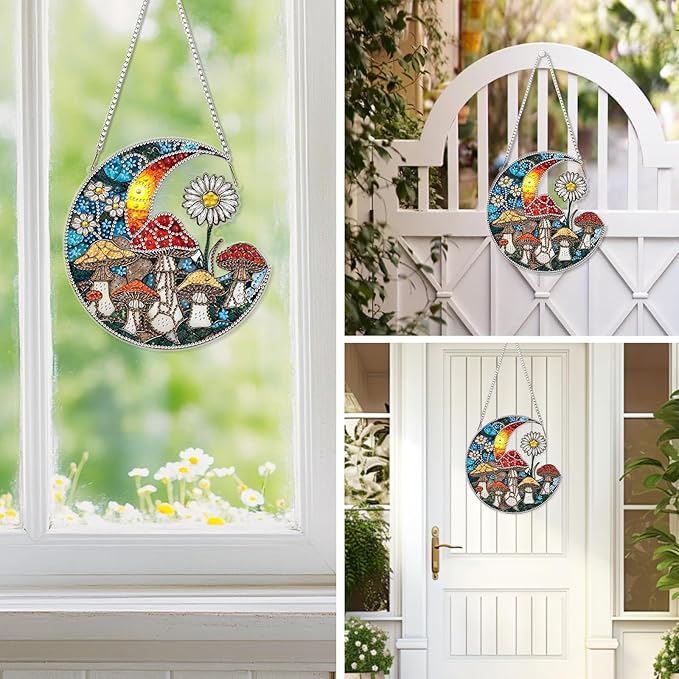 EOBROMD Diamond Hanging Art Kits for Adults Mushroom, Moon Suncatcher Diamond Art Painting, DIY Special Shaped Rhinestone Kits for Adults, Window Pendants Home Garden Wall Hanging Ornament