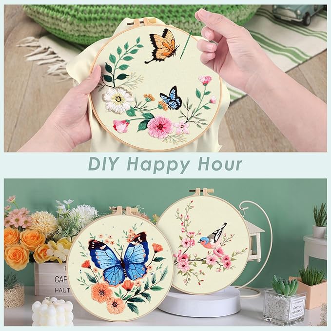 ERKOON 5 Sets Embroidery Kit for Beginners, Hummingbird Cross Stitch Set for Include Embroidery Cloth Hoops Threads for Craft Lover Hand Stitch (Hummingbird and Butterfly)