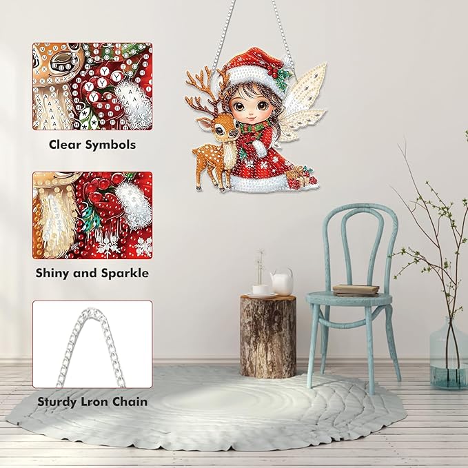 Miwixy Christmas Hanging Diamond Art Kits for Adults,Xmas Deer Special Shaped Crystal Fairy Diamond Painting Ornament Kit DIY Double-Sided Pattern Window Pendant Gem Art Kit for Home Wall Decor