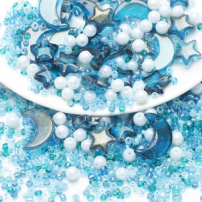 Mixed Star Moon Crystal Glass Beads Seedbeads Loose Round Pearl Beads for Jewelry Making Craft Bracelets Necklaces Earrings DIY Crafts Projects Sky Blue Glass Spacer Bead Kits for Crafts