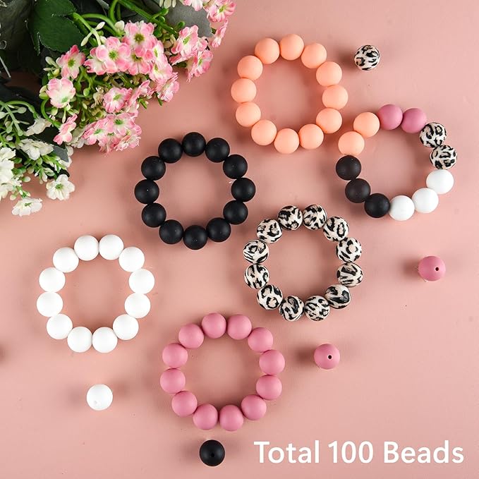 ASTARON 100 Pcs 15mm Silicone Beads for Keychain Making, Peach-Pink Black Leopard Silicone Round Beads Bulk for Bracelets Pens Crafts Supplies