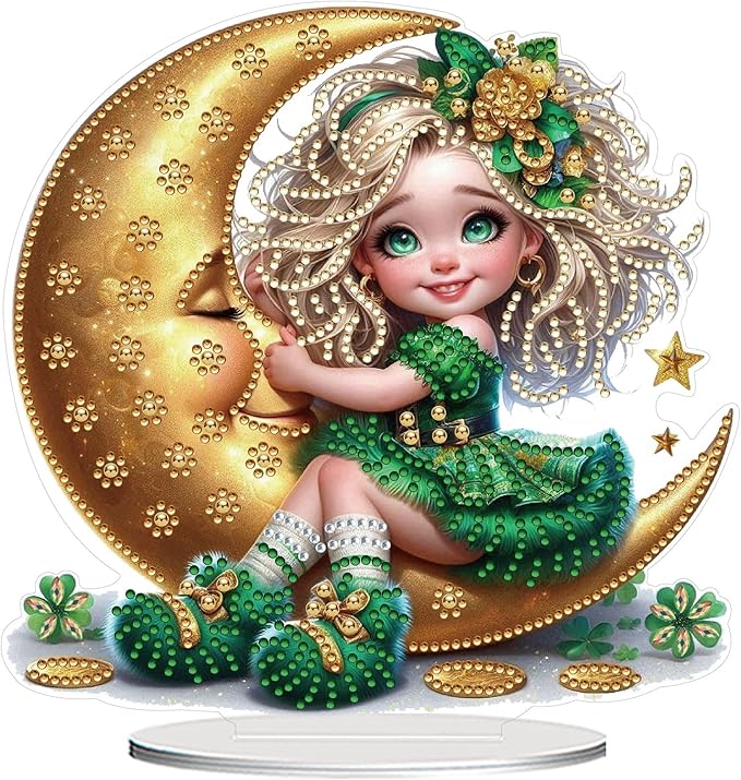 DIY Dot Diamond Desktop Easter Creative Ornaments Diamond Art Painting by Number Embroidery Arts and Crafts Easter for Home Office Garden Decoration (Single Side Dot Diamond)-Crescent Moon