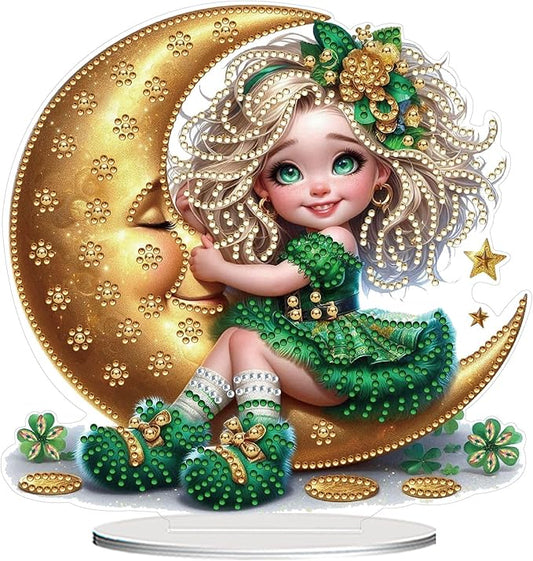 DIY Dot Diamond Desktop Easter Creative Ornaments Diamond Art Painting by Number Embroidery Arts and Crafts Easter for Home Office Garden Decoration (Single Side Dot Diamond)-Crescent Moon