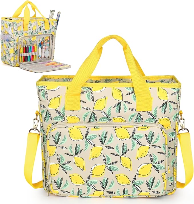Yarn Storage Organizer Travel Crochet Bag, Large Capacity Tote Bag Knitting Bag for Carrying Projects, Knitting Needles, Crochet Hooks and Yarn, Fruit Yellow Lemon