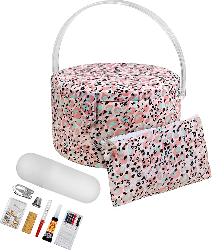 SINGER Large Round Sewing Basket with Emergency Travel Sewing Kit & Matching Zipper Pouch - Rose Pink Leopard Print
