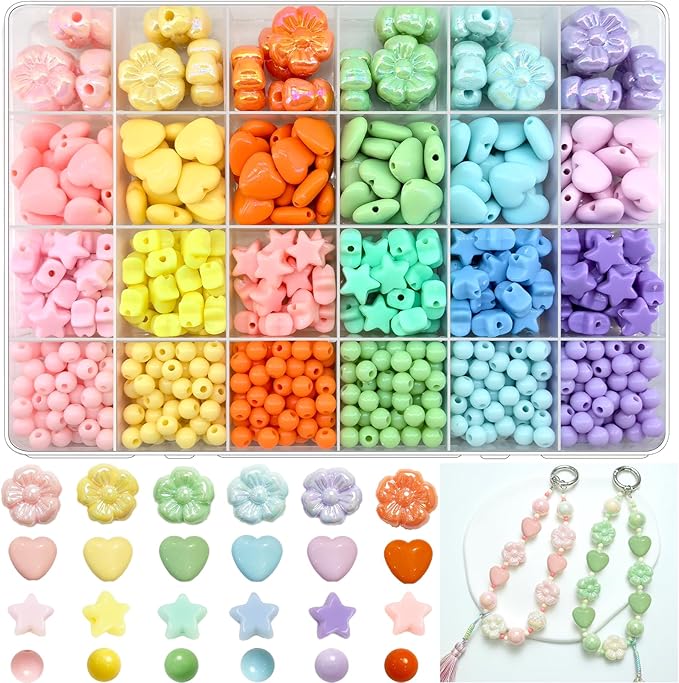 720Pcs Macaron Colors Assorted Beads for Jewelry Making, Acrylic Star Hart Flower Beads for Bracelets Making Round Pastel Beads Colorful Aesthetic Beads Bulk for Necklaces Phone Chains