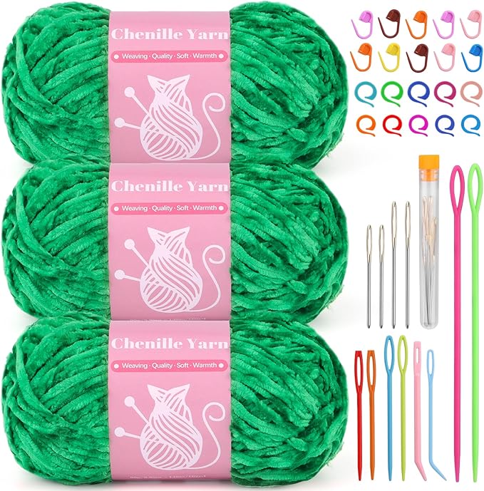 LUNARM Chenille Velvet Yarn for Crocheting Knitting with Big Eye Needles, Handcrafts Weaving Soft Chenille Yarn for Making Blankets, Clothes, Pattern Knitting - 3 * 3.35oz,3 * 162yds (Green)