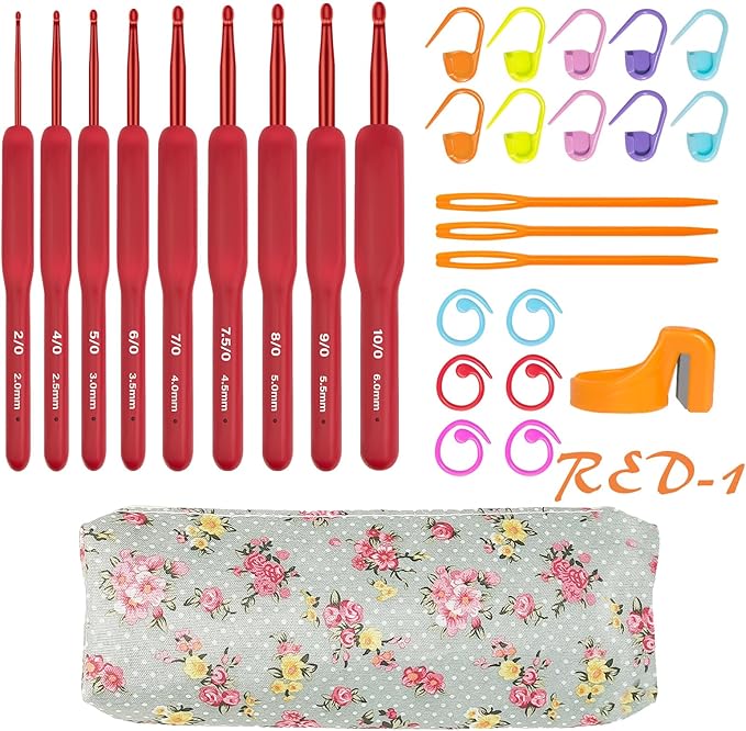 CLYAIYLC 9 Size Red Crochet Hook Set, 2.0-6.0mm Soft Touch Aluminum Crochet Hooks Ergonomic Crochet Hooks for Arthritic Hands,Ideal Gift for Beginner Lover