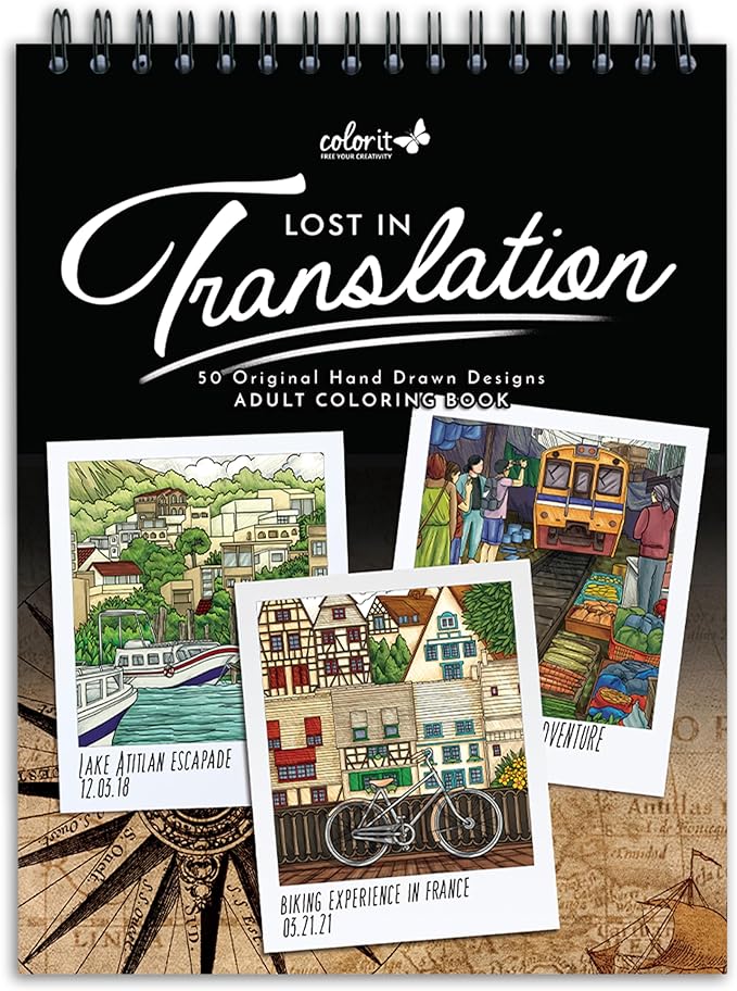 ColorIt Lost in Translation Spiral Bound Adult Coloring Book, 50 Single-Sided Designs of Unique Travel Destinations & Attractions, Thick Paper, Perforated Paper, Lay Flat Hardback Cover, & Ink Blotter