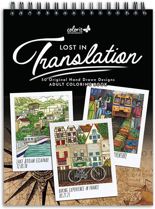 ColorIt Lost in Translation Spiral Bound Adult Coloring Book, 50 Single-Sided Designs of Unique Travel Destinations & Attractions, Thick Paper, Perforated Paper, Lay Flat Hardback Cover, & Ink Blotter