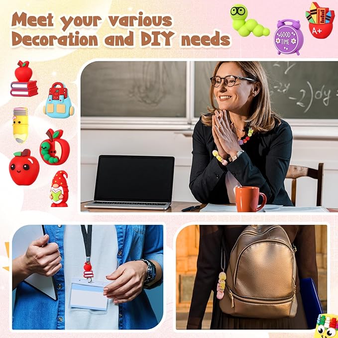 12 Pcs Back to School 3D Silicone Focal Beads for Pens Teacher Character Beads Bulk Funny Apple Pens Pencil for Keychain DIY Crafts Necklace Bracelet Lanyards Making Kit Supplies