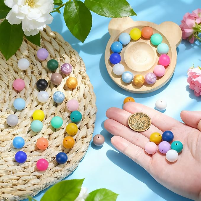 192pcs silicone beads 15mm for keychain making kit, 24 colors focal rubber beads neatly organized, round colorful bead, bulk for pens, diy, necklace, bracelet making kit, jewelry, art crafts