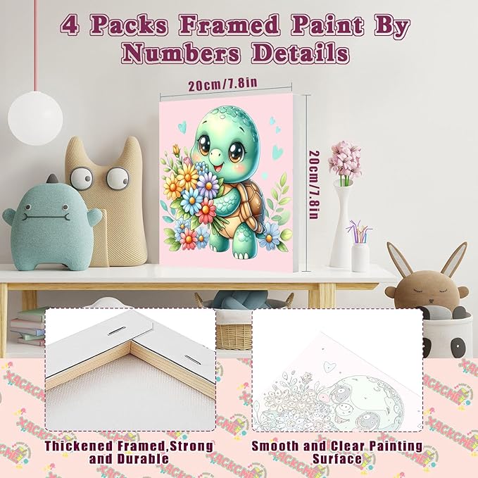 4 Pack Animal Paint by Number for Kids with Wooden Frame, Paint by Numbers for Kids Animals Ages 4-8-12, Easy Panda Sea Turtle Owl Cow DIY Acrylic Oil Painting Kits for Home Wall Decor (8X8 inch)
