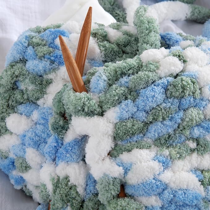 HOMBYS Chunky Tie Dye Mix Chenille Yarn for Hand Knitting, Super Bulky Jumbo Yarn for Crocheting, 3/4" Thick Soft Plush Yarn for Blankets, 8 Skein Pack (26 yds / 7.5 oz Each) Sky Blue,Green,White