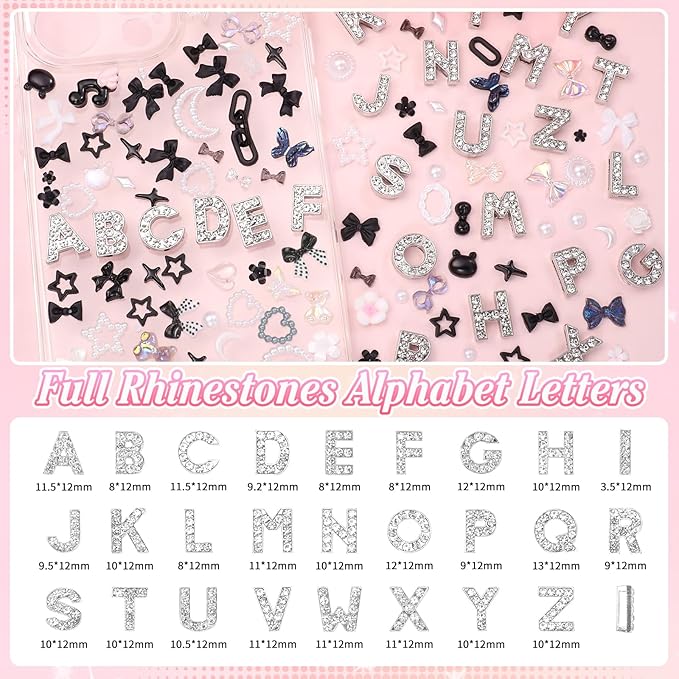 330 Pcs Junk Phone Case Charms 26 Pcs A-Z Rhinestone Alphabet Letter Charm, Mix Black White Flower Bow Heart Pearls Flatback Resin Charms Letter Junk Cases Kit for DIY Crafts