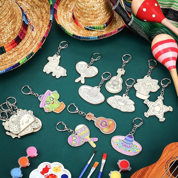Trnayi 36 Pcs Fiesta Wooden Mexican Craft Kits Color Your Own Cinco De Mayo Keychain DIY Cactus Tacos Llamas Wood Keychains Paintable Unfinished Craft Exchange Gift for Fiesta Party Activity