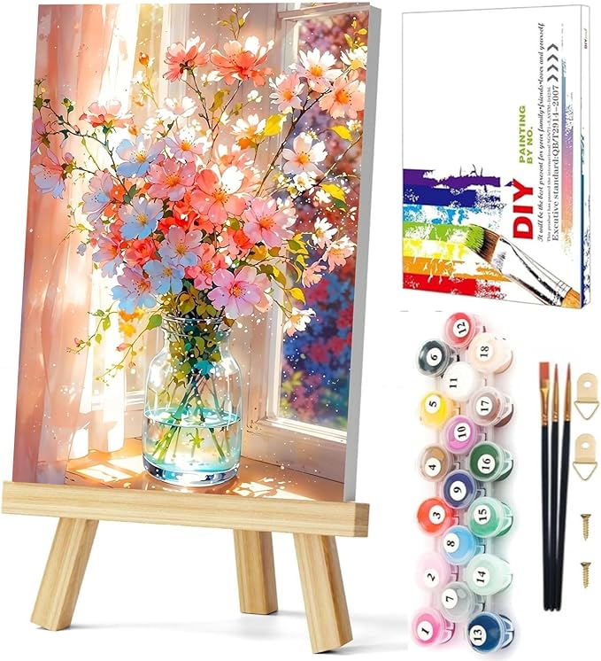 Gemozaic Flowers Paint by Numbers Kit for Adults with Frame and Easel, Flower Framed Adults' Paint by Number Kits, Oil Acrylic Painting for Home, Office, Wall Decor, 8 x 12 Inch
