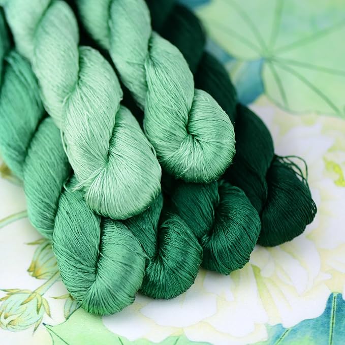 Natural Silk Thread – 6 Green Colors, 110m Each, Handmade Silk Embroidery Floss for Hand Embroidery, Cross-Stitch, Needlework Projects