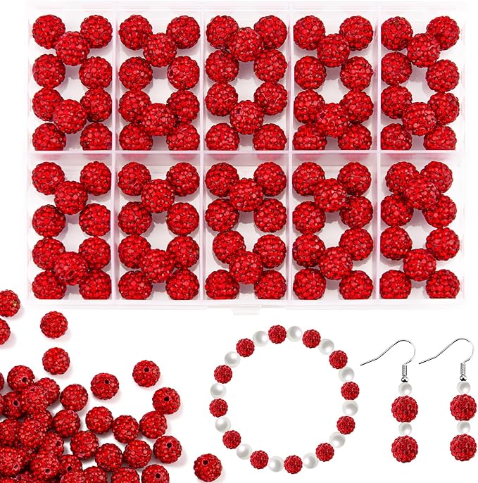 100Pcs 10mm Red Rhinestone Beads for Jewelry Making, Shiny Round Disco Ball Sparkly Beads Bulk with 10-Grid Storage Box for DIY Baseball Necklaces Shamballa Bracelets