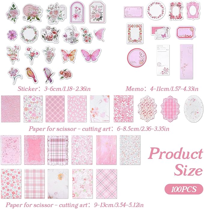 TIESOME 100pcs Vintage Floral Scrapbook Paper and Journaling Stickers Assorted Set, Memo Labels for Junk Journal Planner Collage Card Album Decor(Pink)