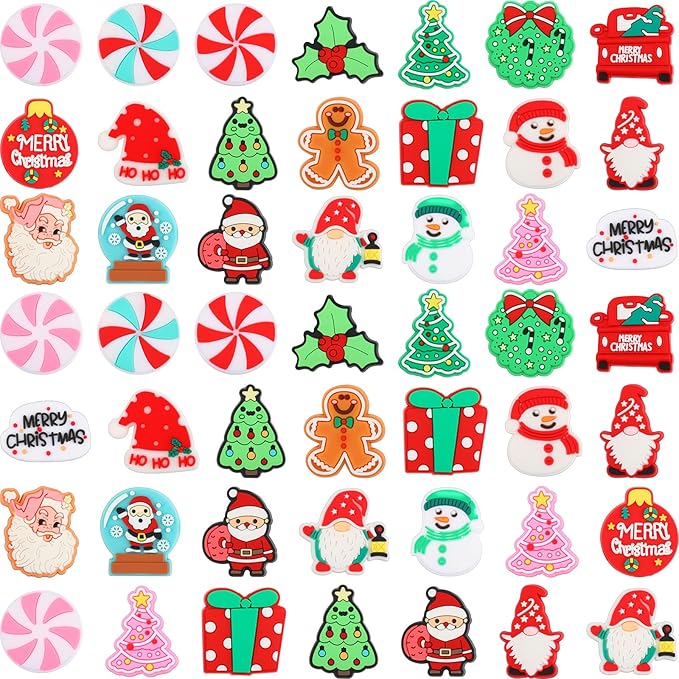 VioraWhite 48 Pcs Christmas Silicone Focal Beads for Beaded Pens Christmas Silicone Beads Charm Keychain Lanyard Kit for Beadable Items Keychains Bracelet Necklace DIY Jewelry Making