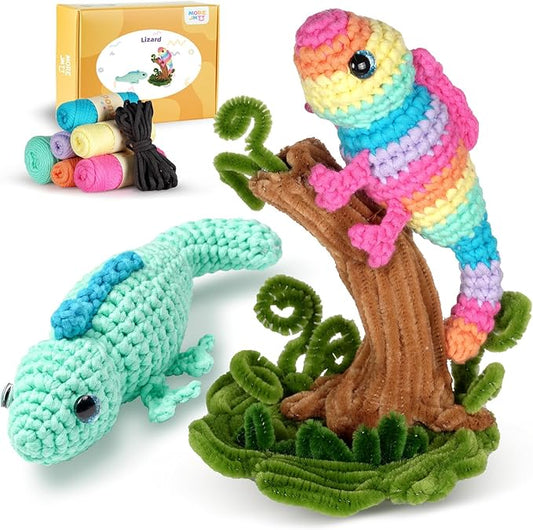 MOREJMTT Crochet Kit for Beginners, Crochet Animal Kits, Crocheting Kit for Starters, Learn to Crochet with Step-by-Step Video Tutorials, Beginner Crochet Kit for Adults(Chameleons)
