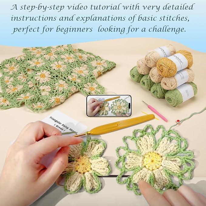 Noocro Crochet Kit for Intermediate or Advanced Levels, Complete Craft Kit for a Floral Daisy Shawl with Step by Step Video Tutorials Detailed Instructions, Perfect Holiday Gift or DIY Project (Green)