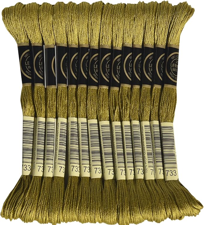LE PAON Embroidery Floss, 14-Pack Six Strands 100% Long Staple Cotton Embroidery Thread, 8.7-Yard，Color Number：733, Medium Olive Green