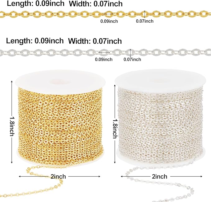 Kyutong 65.6 Feet Stainless Steel Jewelry Making Chains Bulk on Spool 2 Rolls Cross Cable Chain Links Gold Silver Craft Jewelry Supplies with Lobster Clasps Jump Rings for DIY Handcraft